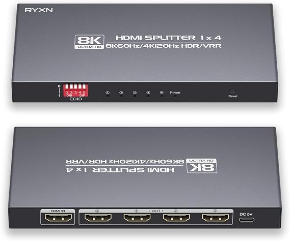 8K HDMI Splitter 1 in 4 Out 4K@120Hz 8K@60Hz HDMI 2.1 Splitter, Supports HDCP 2.3, EDID, HDMI Audio Out, for PS5/PS4, Xbox, Fire Stick, Blu-ray Player, Hue Sync Box