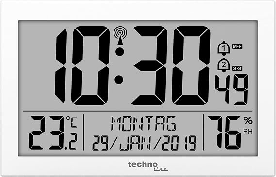 Technoline WS 8016 WS8016WEISS Modern Digital Radio Wall Clock with Temperature Display, Plastic, White, 225 x 143 x 24 mm