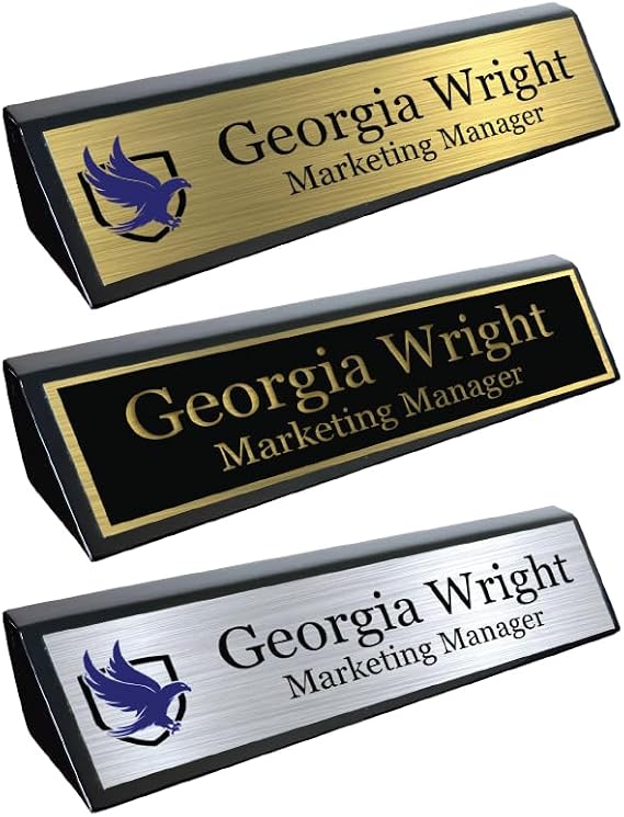 Custom Desk Name Plate with Wedge Stand and Insert (2x10", Black Piano) | Piano Finish or Wood Grain Base with Engraved Metal Insert, Executive Gift for Managers, Lawyers and Teachers