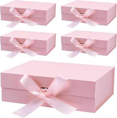 Erinnmy 5 Pack Gift Boxes with Lids,Magnetic Closure Collapsible Gift Box,Pink Proposal Box with Ribbon for Presents,Christms,Mothers Day,Weddings,Bridesmaid Proposal Gifts,10.2x7.3x 3.2 Inch Pink