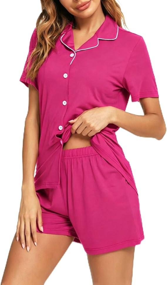 Womens Pajama Set Short Sleeve Button Down Pjs Soft 2 Piece Classic Sleepwear