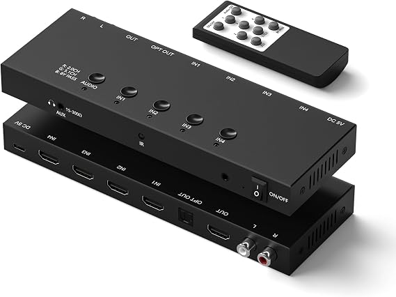 4Port HDMI Switcher 8K@60Hz (4In-4Out) 2*HDMI and 2*DP in - HDMI/Optical Digital Audio/Analog L/R Stereo Audio /3.5mm AUX Headphone Out- with Remote Remote Control and an Audio Power Button