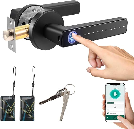 Smart Fingerprint Door Lock, 5 in 1 Keyless Entry Door Knob with APP/IC Card/Fingerprint/Keys, 100 Fingerprints/200 Codes, Biometric Door Lock for Front Door Bedroom Office Hotel