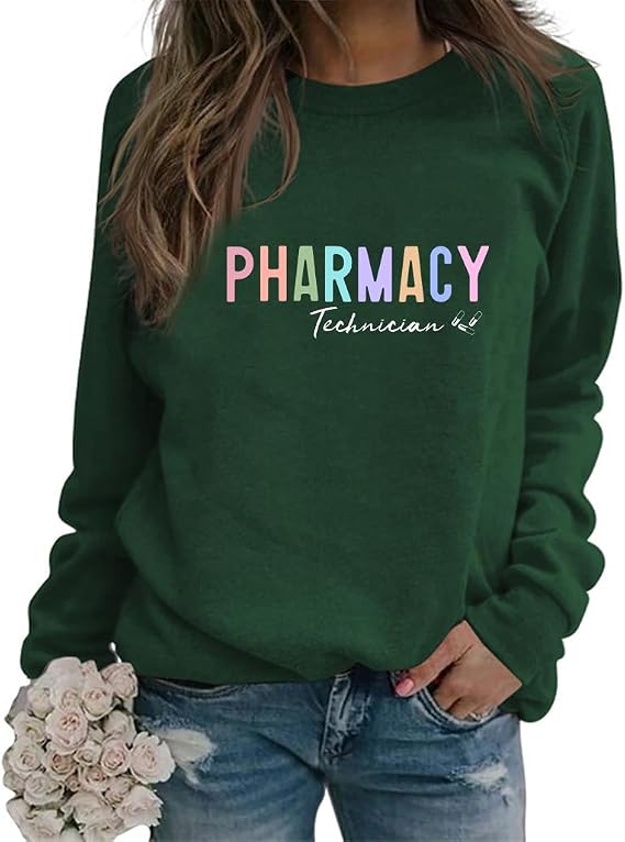 Pharmacy Technician Sweatshirt Womens Vintage Graphic Shirts Crew Neck Long Sleeve Loose Fit Fall Pullover Tops