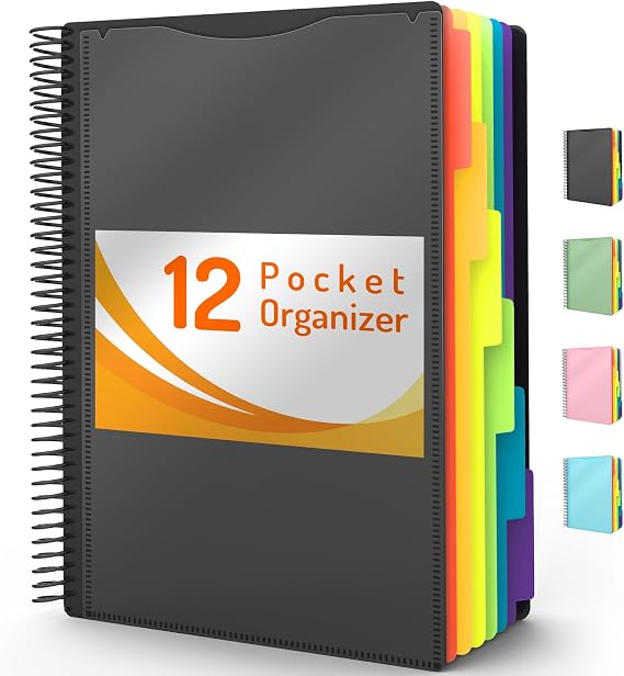 Forvencer 12 Pocket Project Organizer, 1/6-cut Tab Binder Organizer with Sticky Labels, Multi Pocket Folder with Zipper Pouch, Folder Binder Spiral Pocket Notebook, Office Supplies, Letter Size, Black
