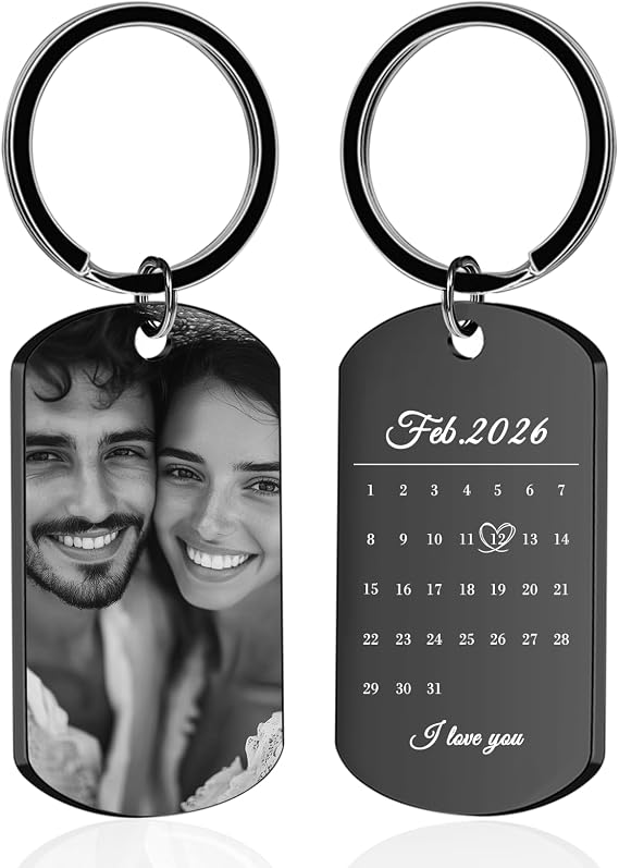 Photo Keychain Double-Sided Engraved Valentines Day Gift for Men | Personalize Both Sides with Photo Text to Create Unique Engraved Keychain Perfect for Valentine's Day