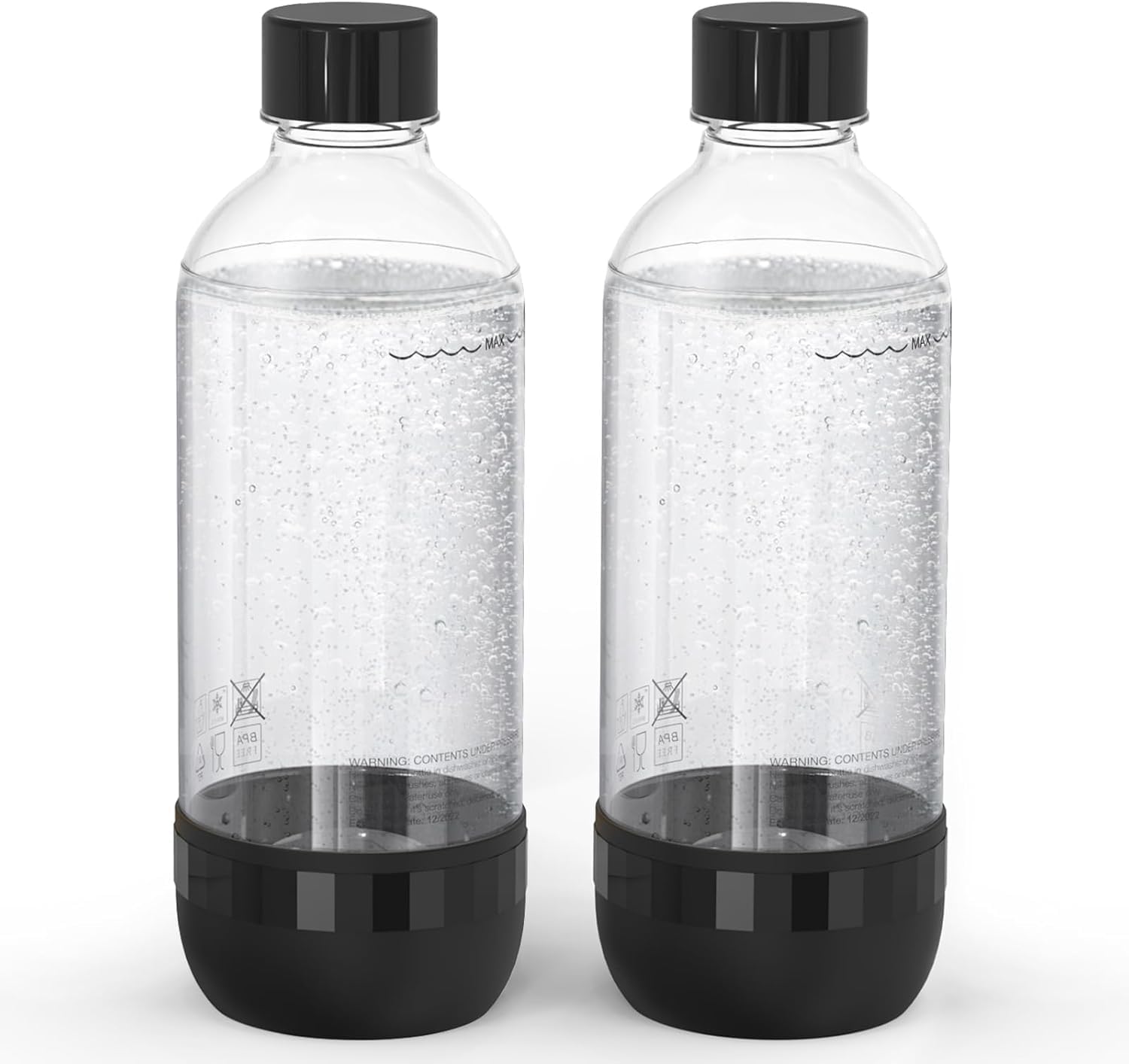 Soda Bottles, 1 Litre Reusable BPA Free Sparkling Water Bottles, in PET, for Soda Machine, Sparkling Water Makers, Pack of 2 Black Refillable Bottles