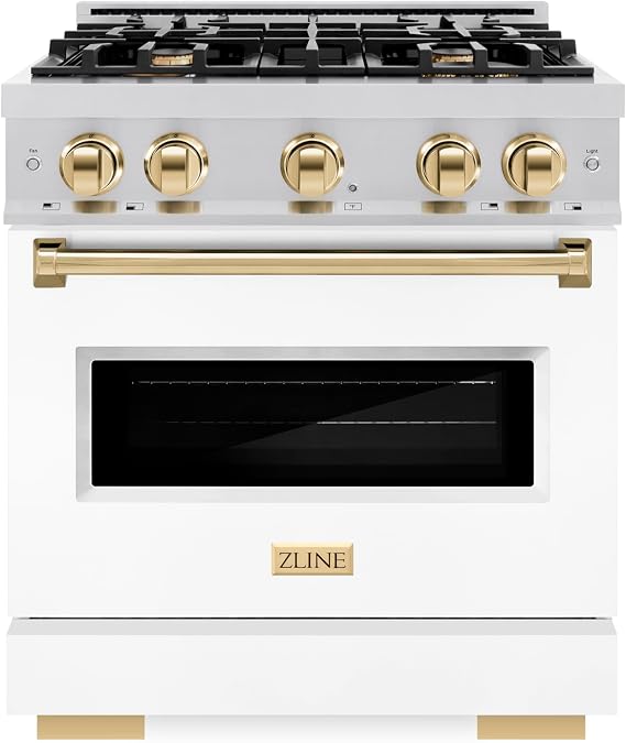 ZLINE Autograph Edition 30 in. 4.2 cu. ft. Classic Gas Range with 4 Burner Cooktop and Convection Gas Oven in Stainless Steel with White Matte Door and Polished Gold Accents (CGRZ-WM-30-G)
