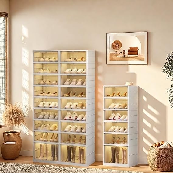 9 & 6 Layer Foldable Shoe Rack Organizer for Wardrobe 36 Pairs & 12 Pairs Plastic Shoe Rack Foldable Shoe Storage Box Clear Shoebox Stackable with Door Easy to assemble Shoe Cabinet with Lid Large Siz