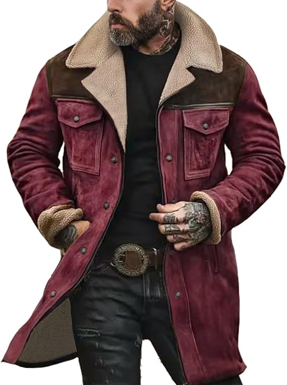 Western Jackets for Men Vintage Cowboy Suede Jacket Plush Collar Coats Faux Leather Zip Up Casual Retro Winter Tops