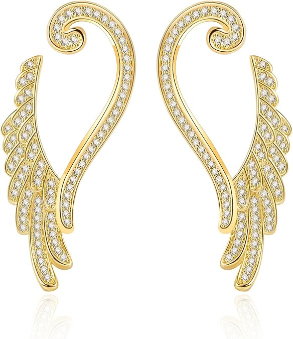 Gold Hoop Earrings for Women, 18K Plated 925 Sterling Silver Post Gold Silver Lightweight Minimalist Design Angel Wing Hoops Earring