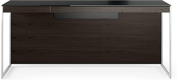 BDI Furniture Sequel 20 6101-66'' Office Desk for Home or Office with Back Panel, Wire Management, Keyboard Drawer, Power Management, Satin-Etched Tempered Glass Top, Charcoal Stained Ash, Black