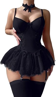 VUUEAN Womens Push-Up Underwire Corset Lingerie Set Lace-Up Tulle Skirt & Mesh Bodysuit Sexy