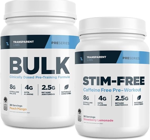 Transparent Labs Bulk Pre-Workout Powder (30 Servings, Peach Mango) & Stim-Free Pre-Workout Powder (30 Servings, Strawberry Lemonade)