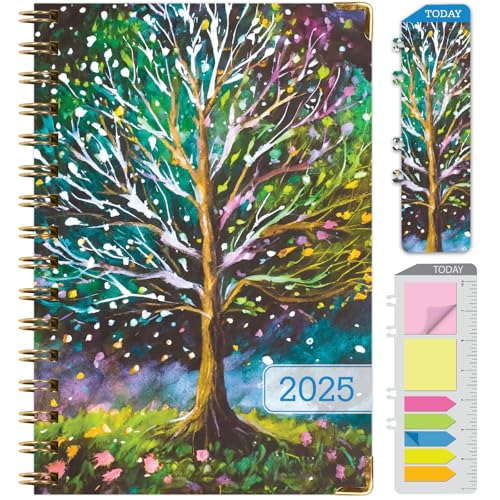 HARDCOVER 2025 Planner, 5.5x8: 14 Months November 2024 - December 2025, Daily Weekly Monthly Planner, Yearly Agenda, Bookmark, Pocket Folder and Sticky Note Set Black Tree Seasons