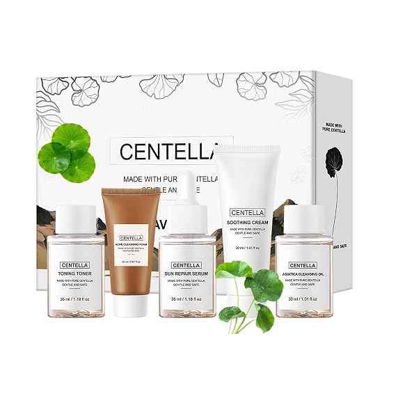 Centella Travel Kit, 5-Piece Mini Korean Facial Gift Set with Soothing Cream, Toner, Sun Repair Serum, Cleansing Oil & Foam - Hydrating Anti-Aging SkinCare for Sensitive & Acne-Prone Skin