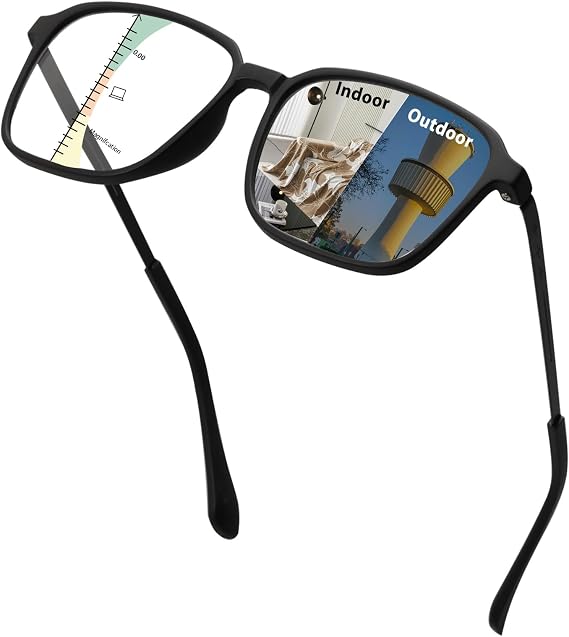 Progressive Photochromic Blue Light Reading Glasses for Men | Full Frame, Multifocus Lenses, Computer Reading, UV Protection, Readers for Women