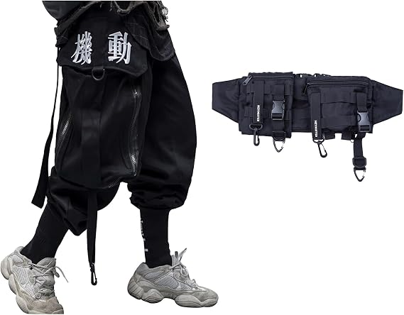Niepce Inc Men's Japanese Streetwear Techwear Cargo Pants and Waist Bag (Medium)