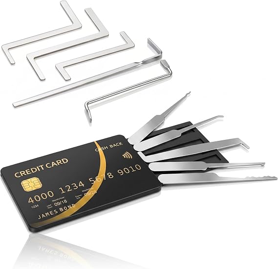 Card Style 10 Pieces Lock Pick and Tension Tool Set Slim Stainless Steel Locksmith Tools for Pin Tumbler Lock Training and Maintenance