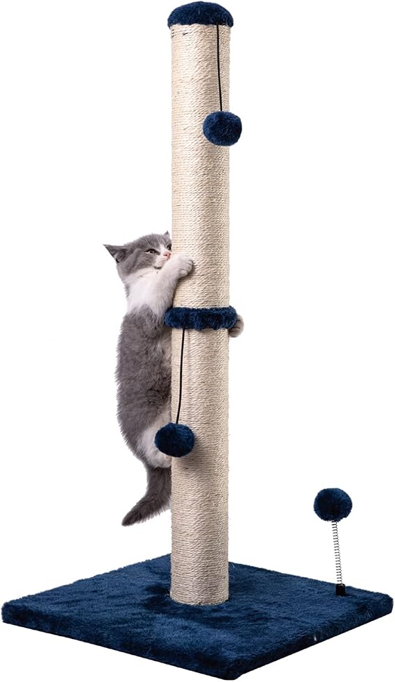 MECOOL 34 Tall Cat Scratching Post Premium Basics Kitten Scratcher Sisal Scratch Posts Trees with Hanging Ball for Indoor Cats, Navy