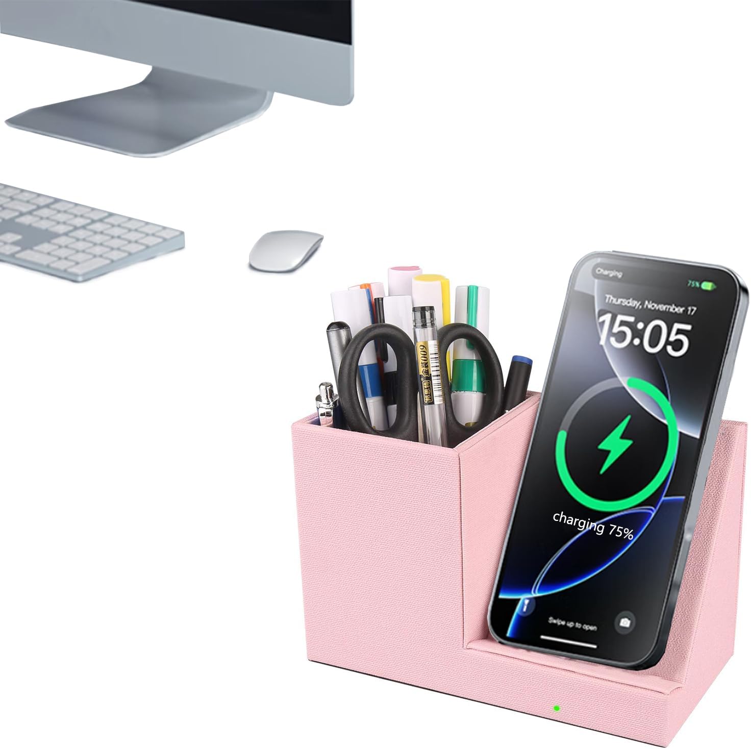 2025 New Wireless Charger,15W Pink Fast Charger,Dual Coil,Qi Certified Charging Dock,Desk Stand and Pen Holder Storage Compatible with iPhone 161514 MAXXRXS, S24S23 Series and MoreNo AC Adapter