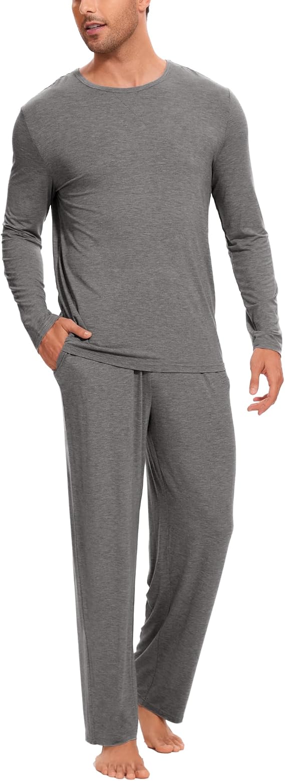 GYS Men's Bamboo Viscose Crew Neck Pajama Set, Cooling Pockets | Moisture wicking, Breathable, Tagless, Soft stretch, Elastic waist, 2 pockets, for hot sleepers & night sweats
