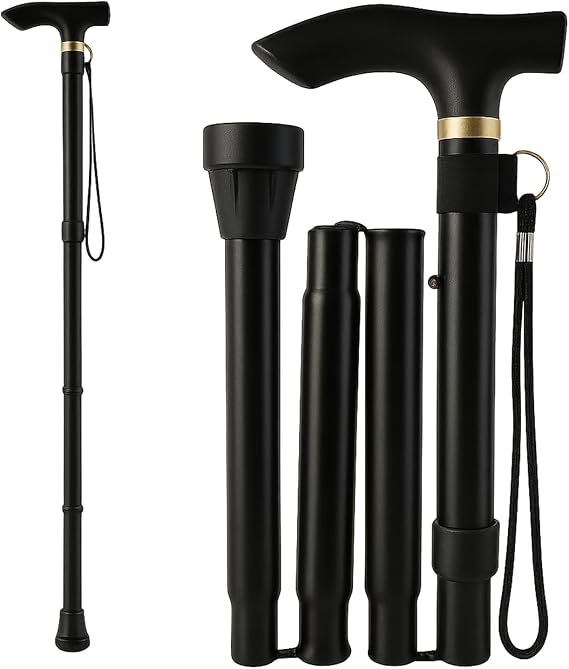 Walking Stick Foldable Walking Sticks for Women Men | Collapsible Folding Walking Stick with Non-Slip Rubber Tip & Wrist Strap | Adjustable Fold Up Walking Cane - Black