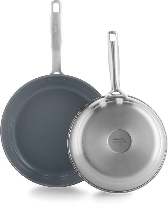 GreenPan Treviso Healthy Ceramic Non-Stick 24cm & 28cm Stainless Steel Frying Pan Set, PFAS-free, Induction, Oven safe, Silver