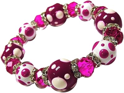 Linpeng Polka Dots Glass Beaded Stretch Bracelet, Christmas Birthday Gift Idea for Her, 1 pc Fuchsia Pink