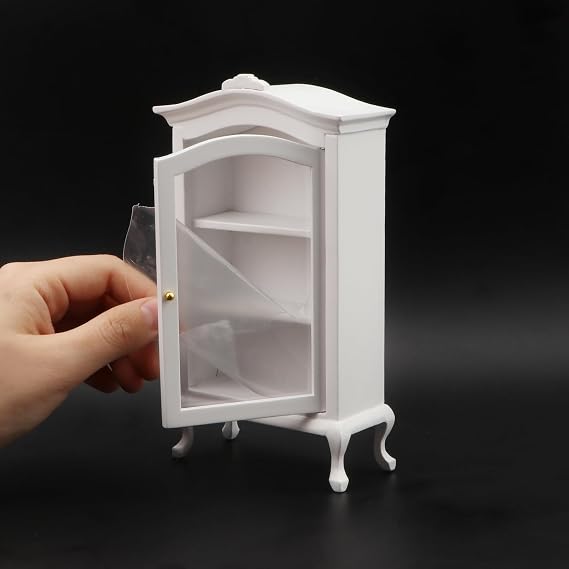 Dollhouse Furniture Display Shelf 1:12 Scale Miniature Bookshelf Cabinet Decoration Classic Wooden Storage for Mini Artificial House Accessories (White)