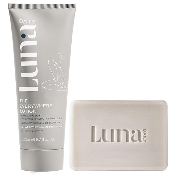 Luna Daily The Everywhere Lotion 200ml & (No) Soap 125g | Natural Vegan Body Moisturizer with Prebiotics & Gentle Soap-Free Body Bar with Coconut & Shea Butter for Daily Hydration