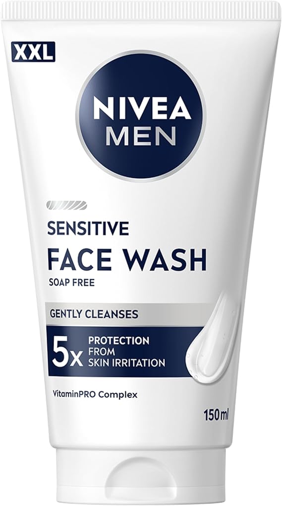 NIVEA MEN Sensitive Face Wash XXL (150ml), Soap-Free Face Wash for Men, Facial Cleanser with Chamomile Extract and Vitamin PRO Complex, Men's Skin Care Essentials