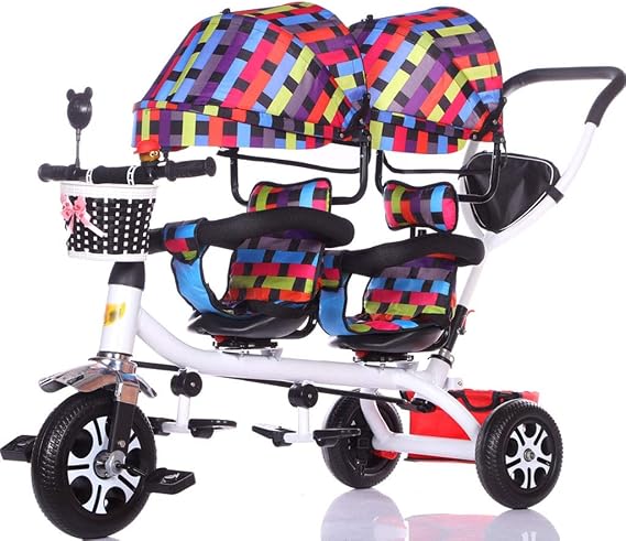 Double Tricycle Pushchair with Extended Awning & Storage Basket - Lightweight Twin Baby Bicycle Stroller - Infant Carriage Feature Included