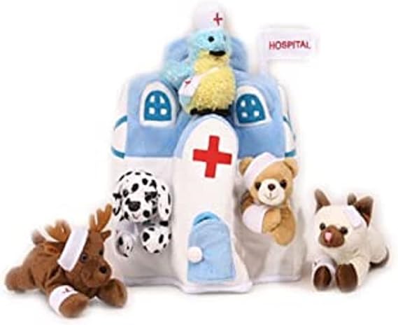 Plush Animal Hospital House with Animals - Five (5) Stuffed Injured Animals (Bear, Dalmatian, Cat, Bird, Moose) in Play Hospital Carrying Case