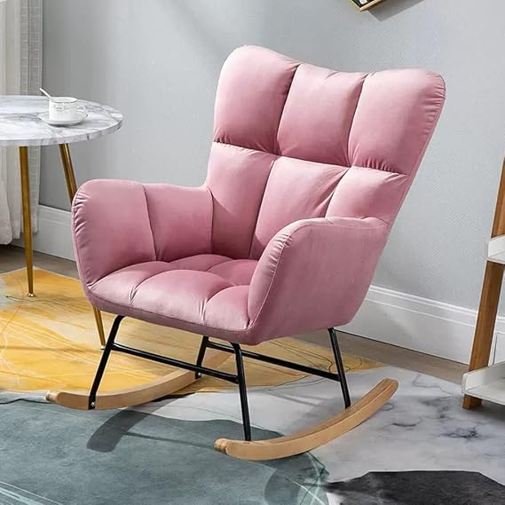 Nursery Rocking Chair Recliner Teddy Fabric Upholstered Glider Rocker with High Backrest,Modern Rocking Accent Chairs Comfy Side Chair for Nursery,Living Room (Pink)