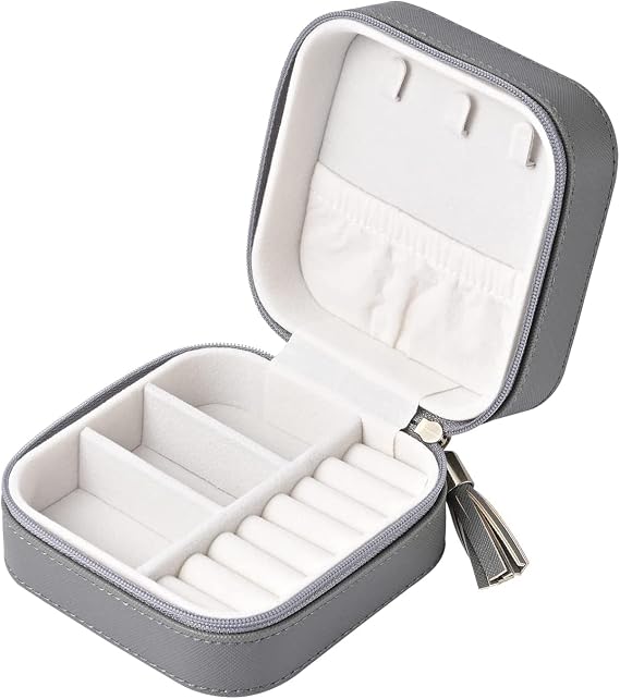 Luxury Leather Travel Jewelry Box for Women Mini Organizer Small Jewelry Portable Travel Case for Rings Earrings Necklace Multifunctional Storage Mother's Day Gift Women Wife Daughter Gift (GRAY)