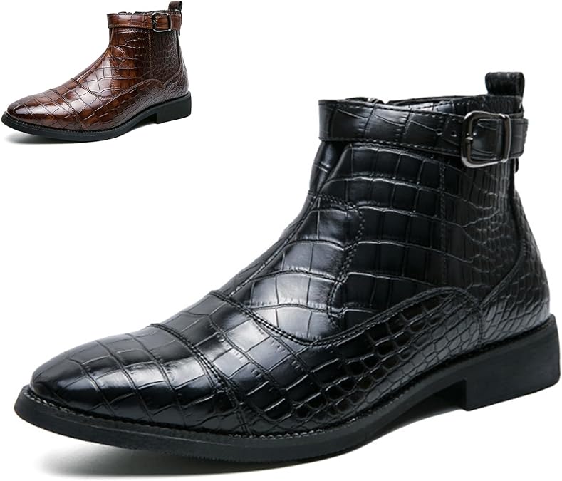 Men's Pattern Leather High Top Chelsea Boots with Buckle Strap Fashion British Style Pointed Toe Side Zipper Retro Business Dress Oxford Ankle Boots