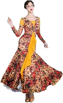 Printed Ballroom Dance Dresses for Women Flamenco Waltz Performance Dance Costume Stretchy Tango Practice Dress
