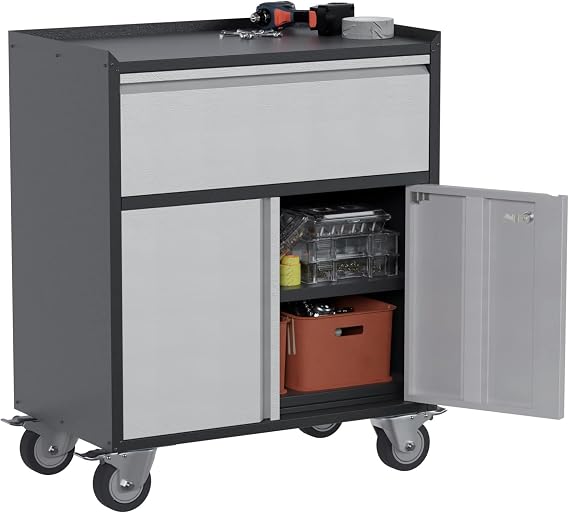 Metal Garage Tool Storage Cabinet with 1 Drawer, Large Space Industrial Metal Storage Cabinet with Wheels and Doors,Locking Small Utility Chest for Home, Office and Garage