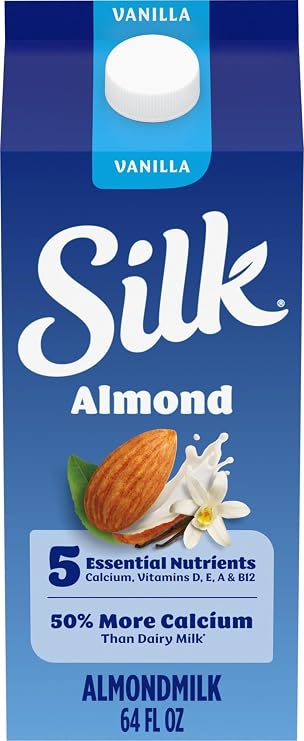 Silk Almond Milk, Vanilla, Dairy Free, Gluten Free, Seriously Creamy Vegan Milk with 50% More Calcium than Dairy Milk, 64 FL OZ Half Gallon