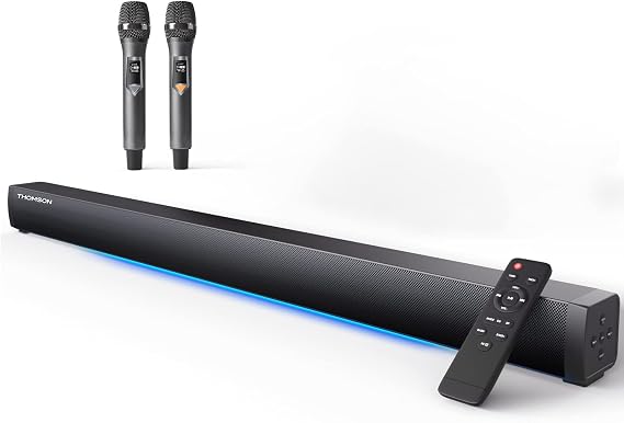 THOMSON Sound Bars for TV, HiFi TV Speakers Home Theater Soundbar with 2 Wireless Microphones, Surround Stereo Sound System with HDMI ARC/Optical/AUX/USB, Wall Mountable, Remote Control Included