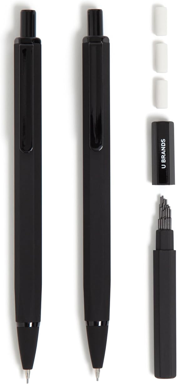 U Brands Mechanical Pencils, .7mm HB #2 Lead, 2 Pack with Refills, Black