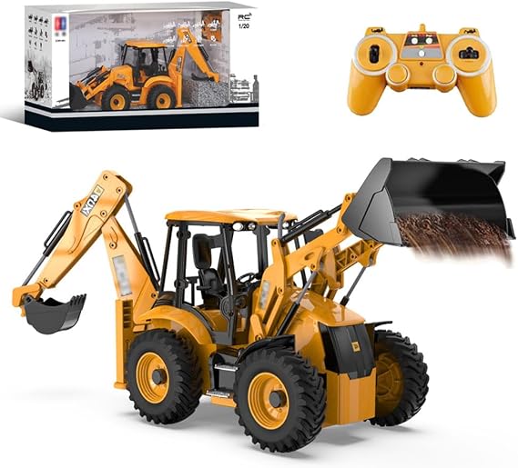 RC Backhoe Wheel Loader 2.4G Fully Functional 1/20 Remote Control Excavator Bulldozer Back Hoe Truck Tractor Digger Heavy Duty Construction Vehicle Engineering Trucks