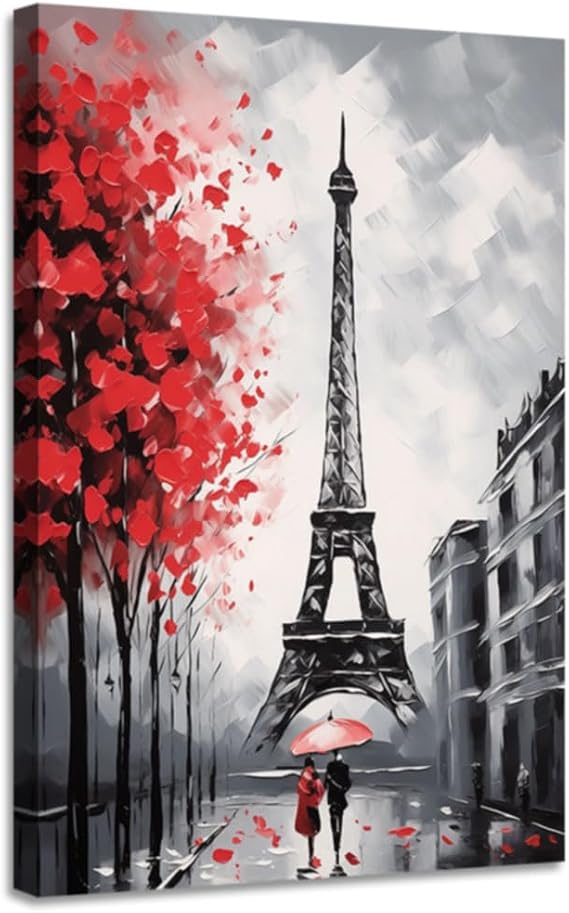 CGXLB Paris Wall Art Black White Eiffel Tower Picture French Street Scenery Print Romantic Couples Artwork Red Umbrella Canvas Painting for Living Room Home Wall Decoration 12"x18"