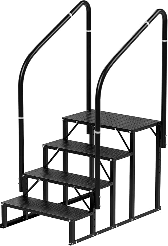 RV Steps, 4-Steps RV Stairs with Handrail Hot Tub Steps Mobile Home Stairs, Non-Slip Steps Outdoor Stairs for RV, Trailer, Camper Steps, Outdoor Spa