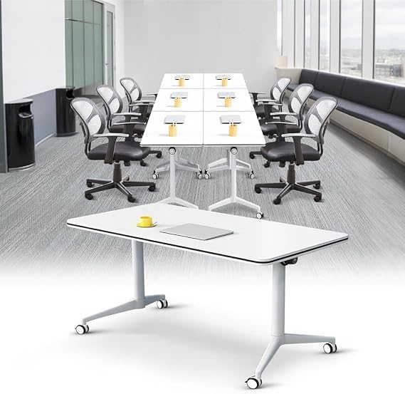 Portable Folding Conference Table, with Lockable Wheels, Modern Rectangular Desk with Wheels Mobile Training Table, for Office Classroom & Meeting Room, Easy to install,White,1Pack