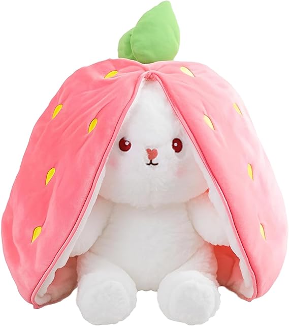 Reversible Bunny Stuffed Animal Rabbit Cuddle Stuffed Strawberry Transformed Rabbit Plush with Zipper 8" Easter Bunny Plushies Gifts for Baby Boys Girls (Strawberry)