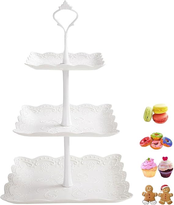 3-Tiers Cake Stand,37cm Height Afternoon Tea Display Stands,Plastic Square Cup Cake Fruit Dessert Server Plates Stands, Reusable Food Serving Platter for Weddings Birthdays & Party(2 pack) (White)