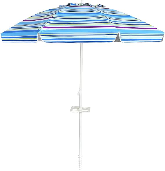 Tangkula 7.2 FT Beach Umbrella, Portable Outdoor Umbrella with Sand Anchor, Adjustable Tilt, Steel Pole, Carrying Bag, Outdoor Sunshade Shelter with Cup Holder for Beach, Poolside (Blue)
