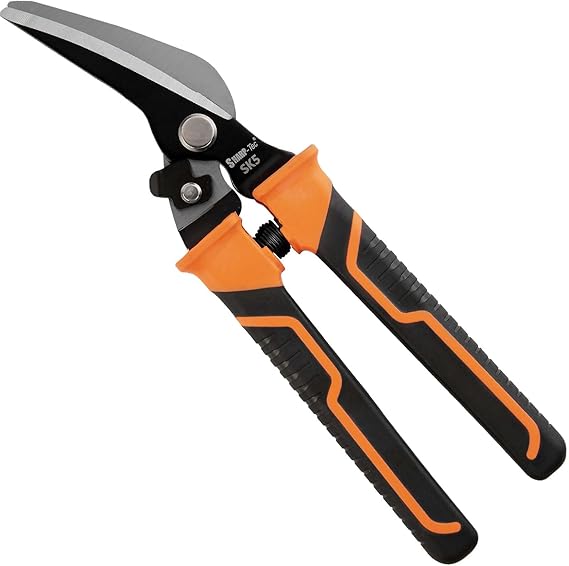 Sharp-tec 8 Inch Tin Snips, Offset Aviation Snips with Safety Lock, Ergonomic Metal Cutting Shears HRC55 Hardened Blade for Sheet Metal, Cardboard, Carpet, Hardware Cloth, DIY
